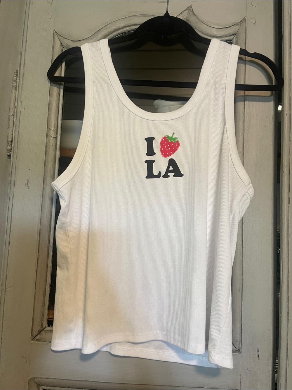 New w/o Tag-Rebellious One White Ribbed Tank with Strawberry I Heart LA Graphic